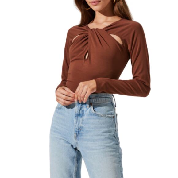 ASTR The Label Bodysuit Brown Top Women's Size XS NWT Twist Front Cutout - Picture 1 of 8